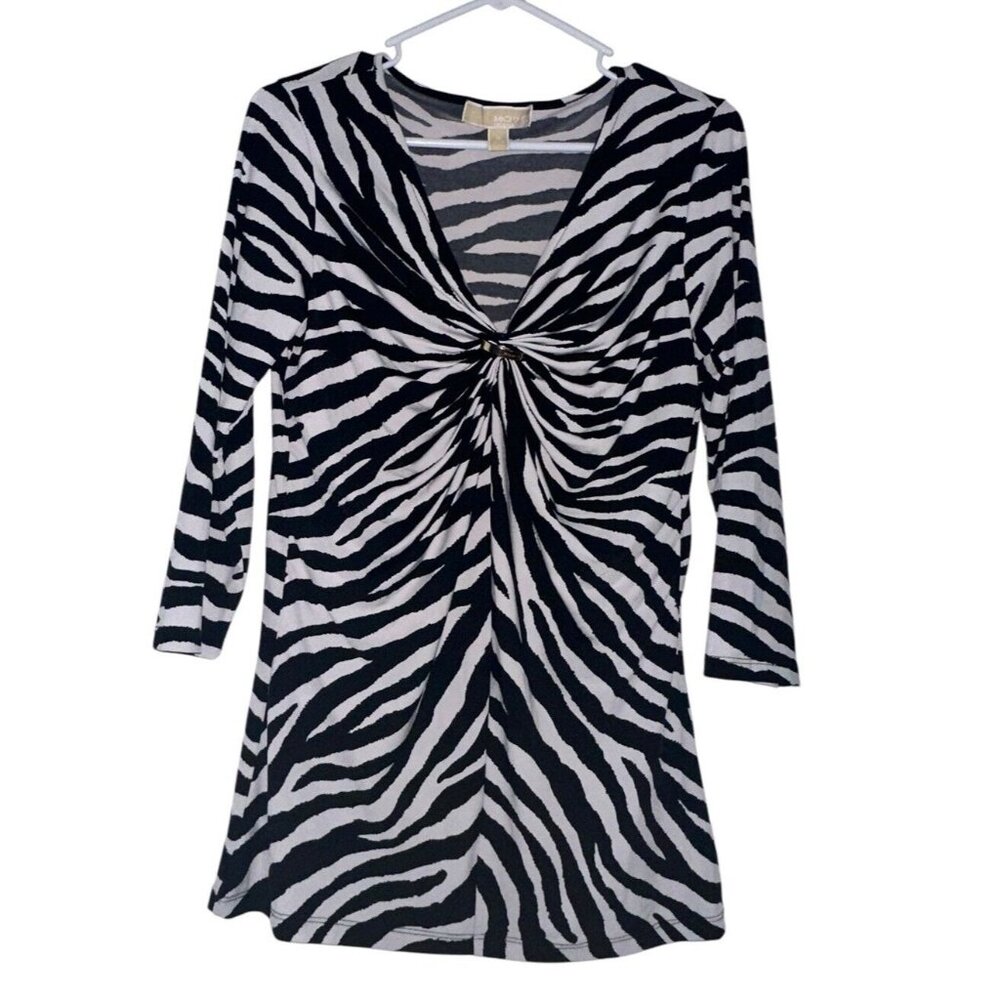 Michael Kors Womens 3/4 Sleeve V Neck Top Sz M Black White Zebra Ruched Neck